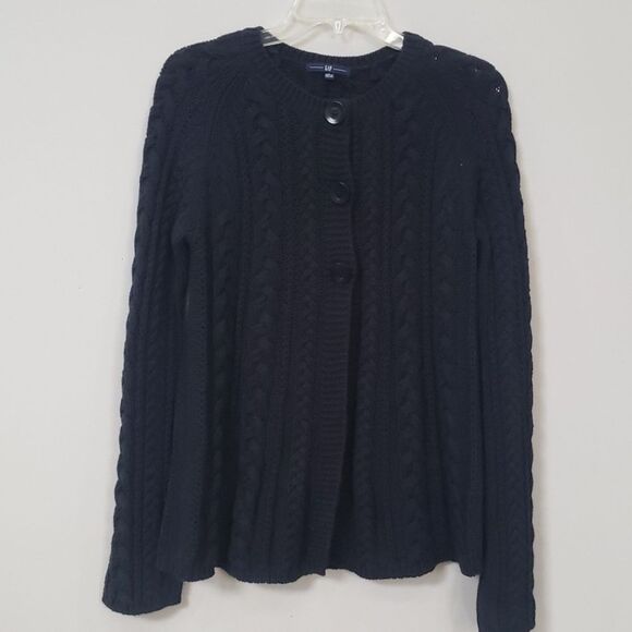 GAP Sweater Womens L Cardigan Cable Knit Fisherman's 3 Button 100% Cotton Black - Picture 1 of 10